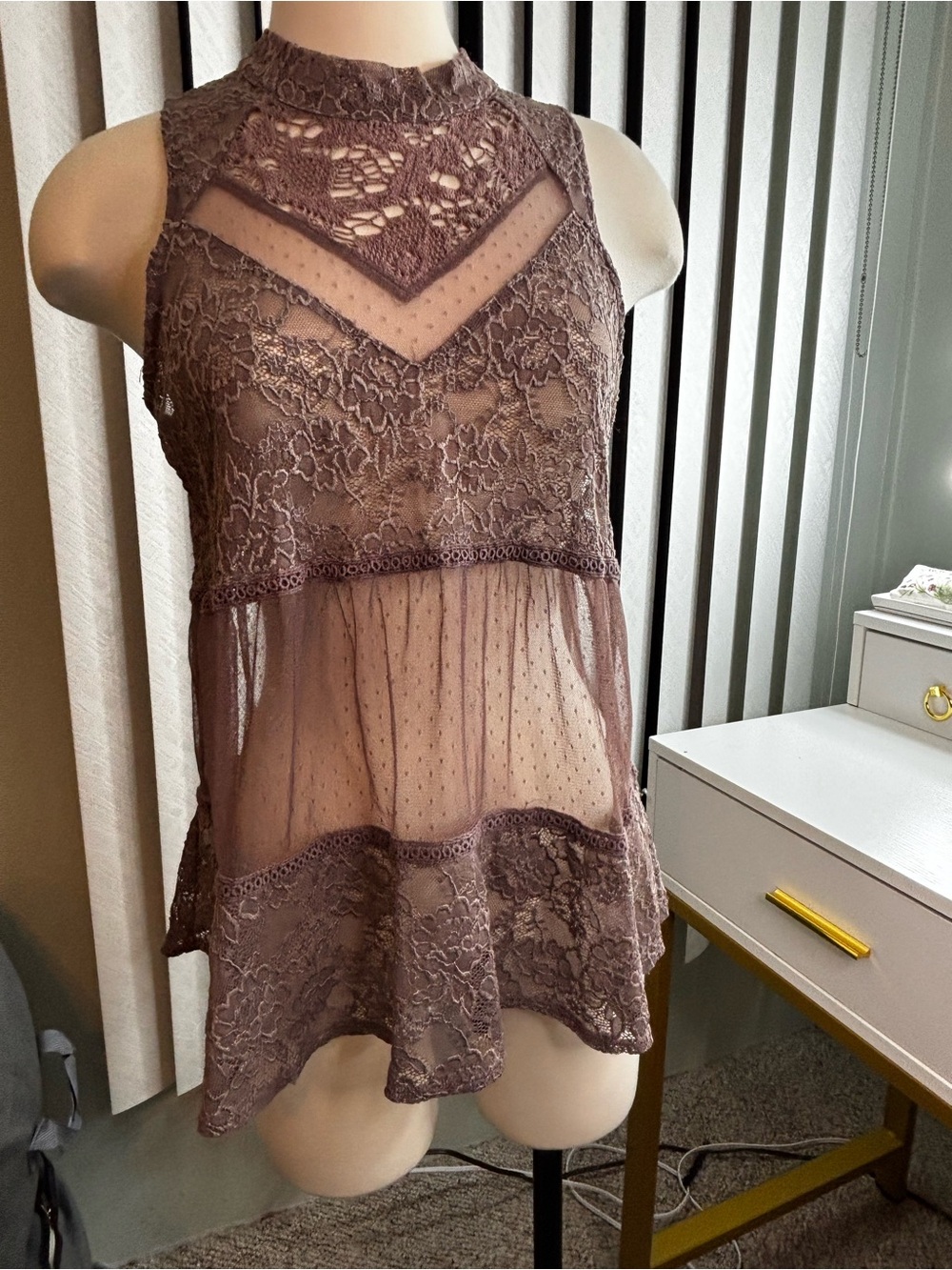 Sheer Lace High-Neck Sleeveless Top in Brown